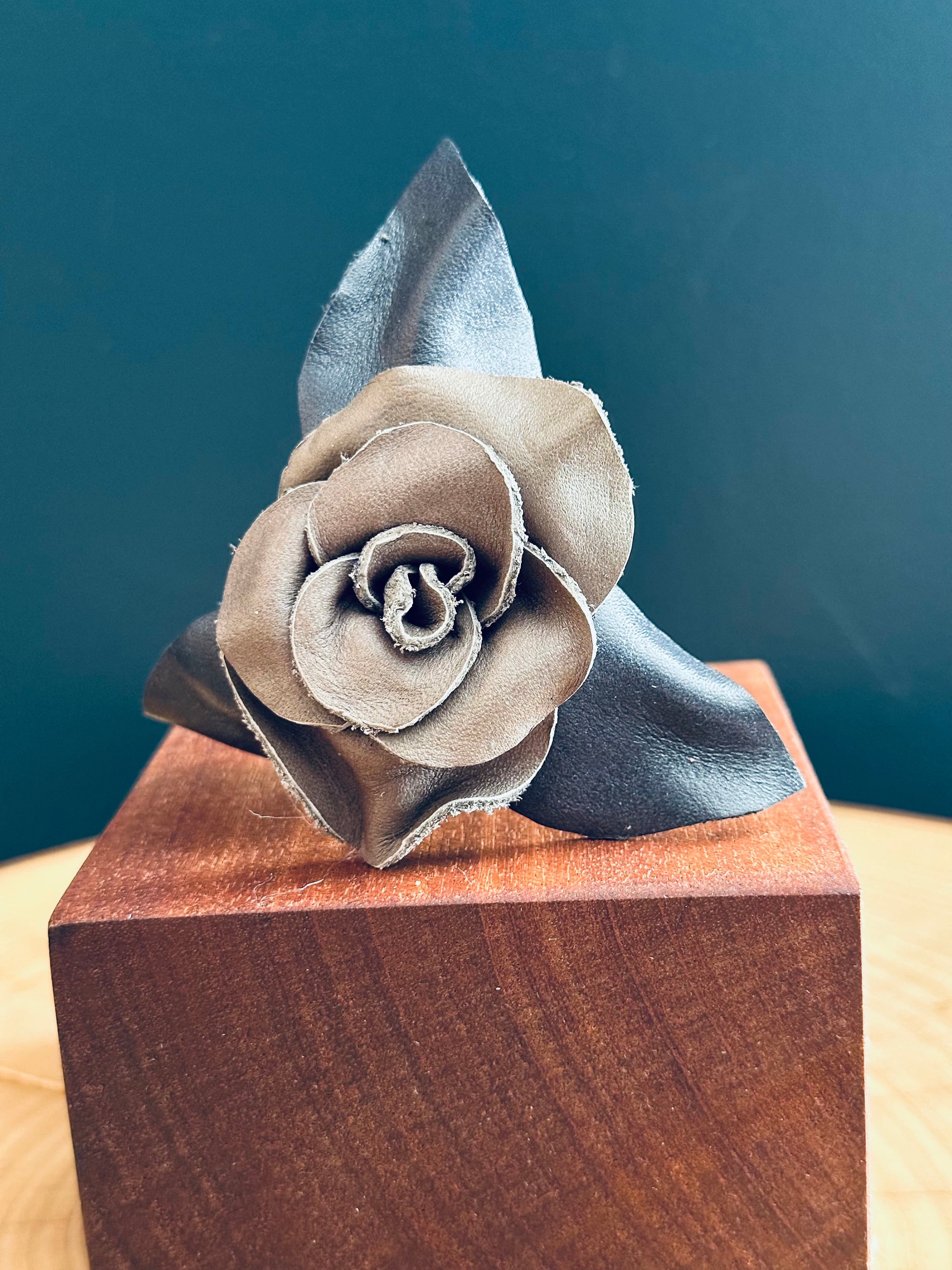 Grey & Blue Leather Rose & Hardwood Vase Set