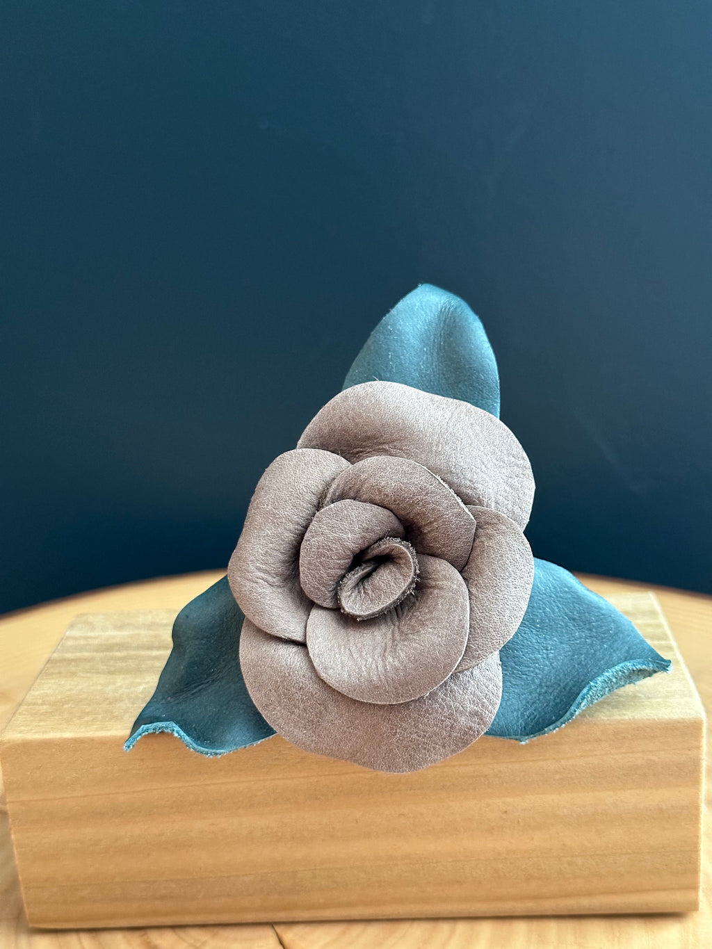 Grey & Blue Leather Rose & Hardwood Vase Set