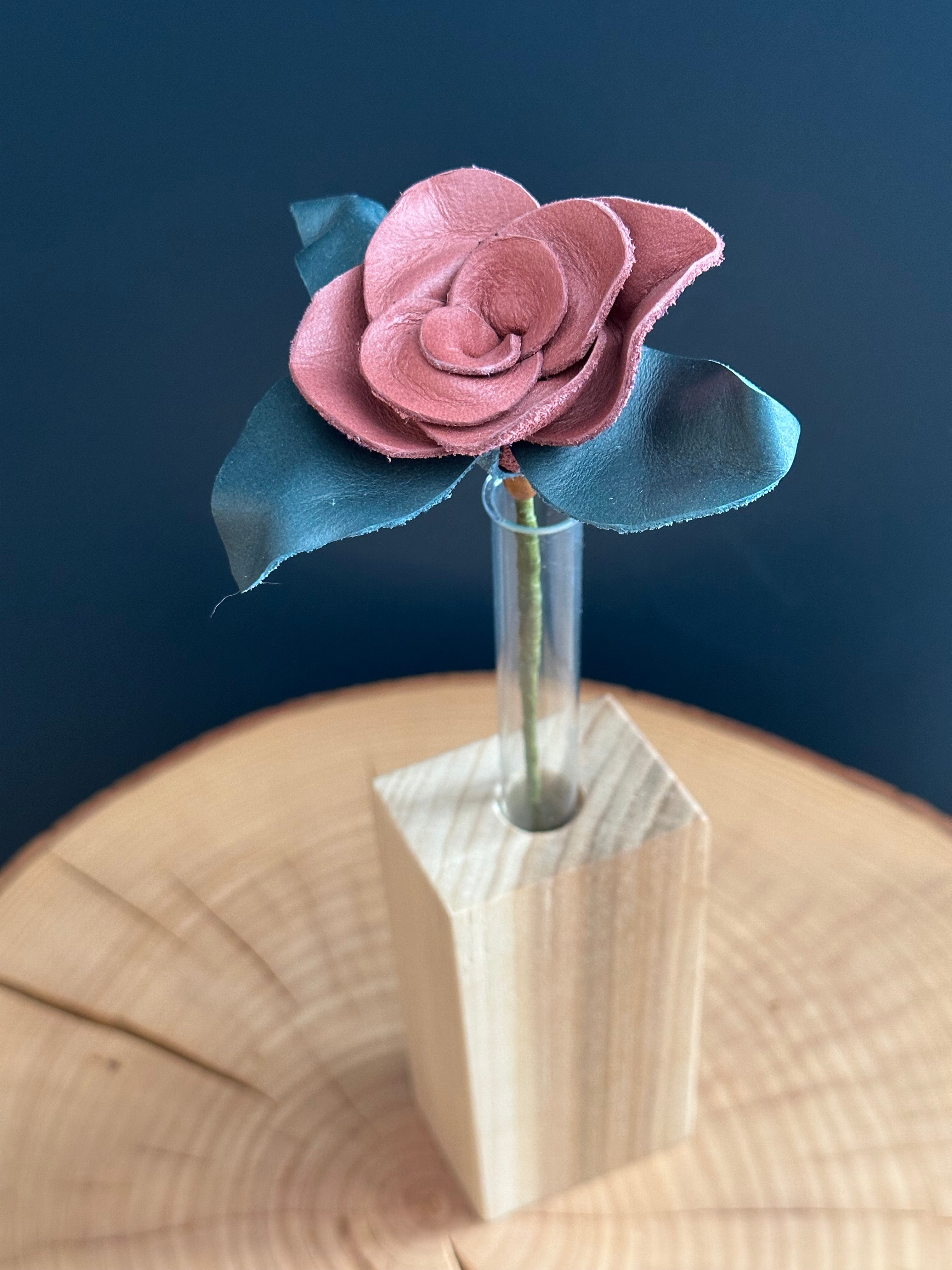 Pink & Light Blue Leather Rose & Hardwood Vase Set