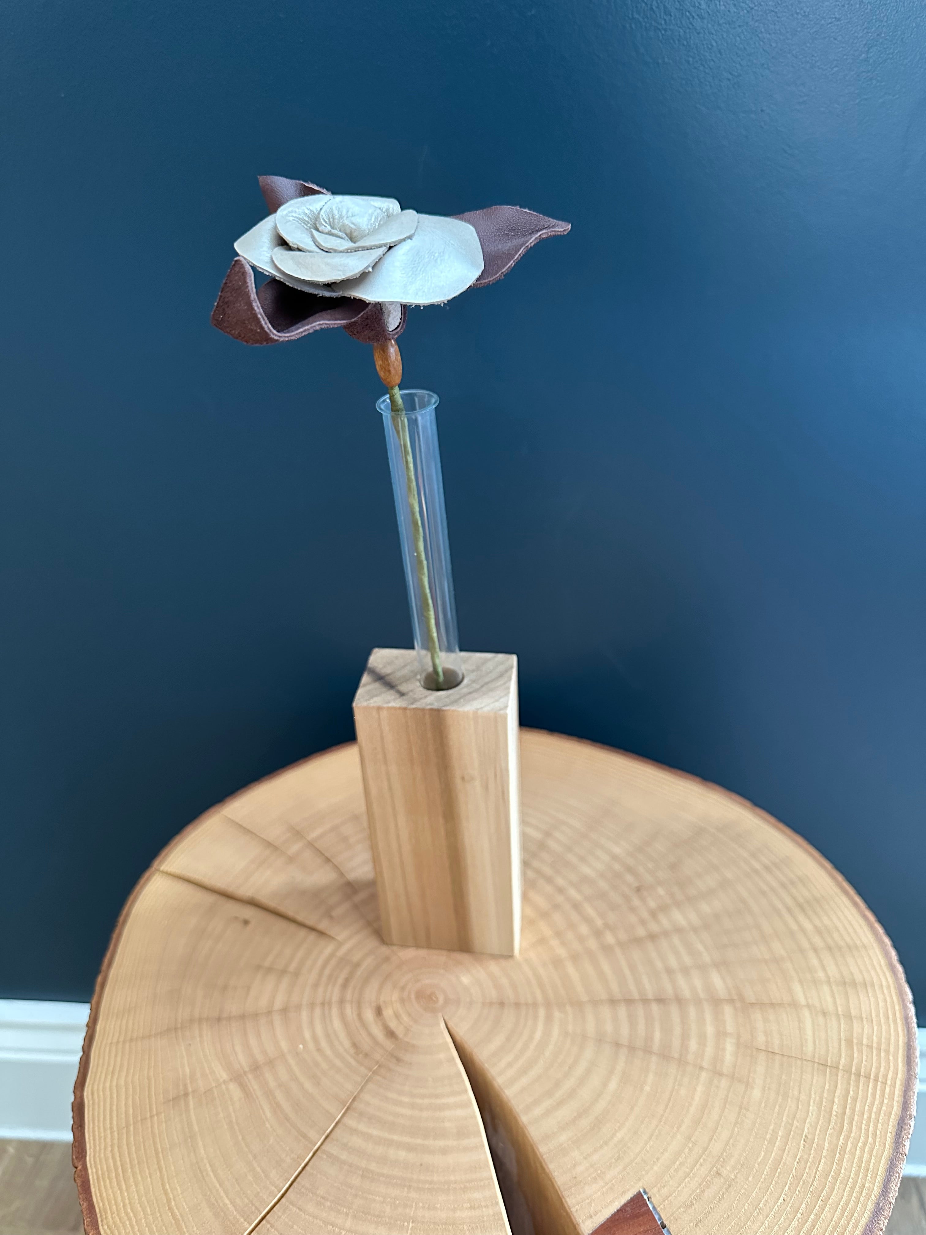 White & Burgundy Leather Rose & Hardwood Vase Set