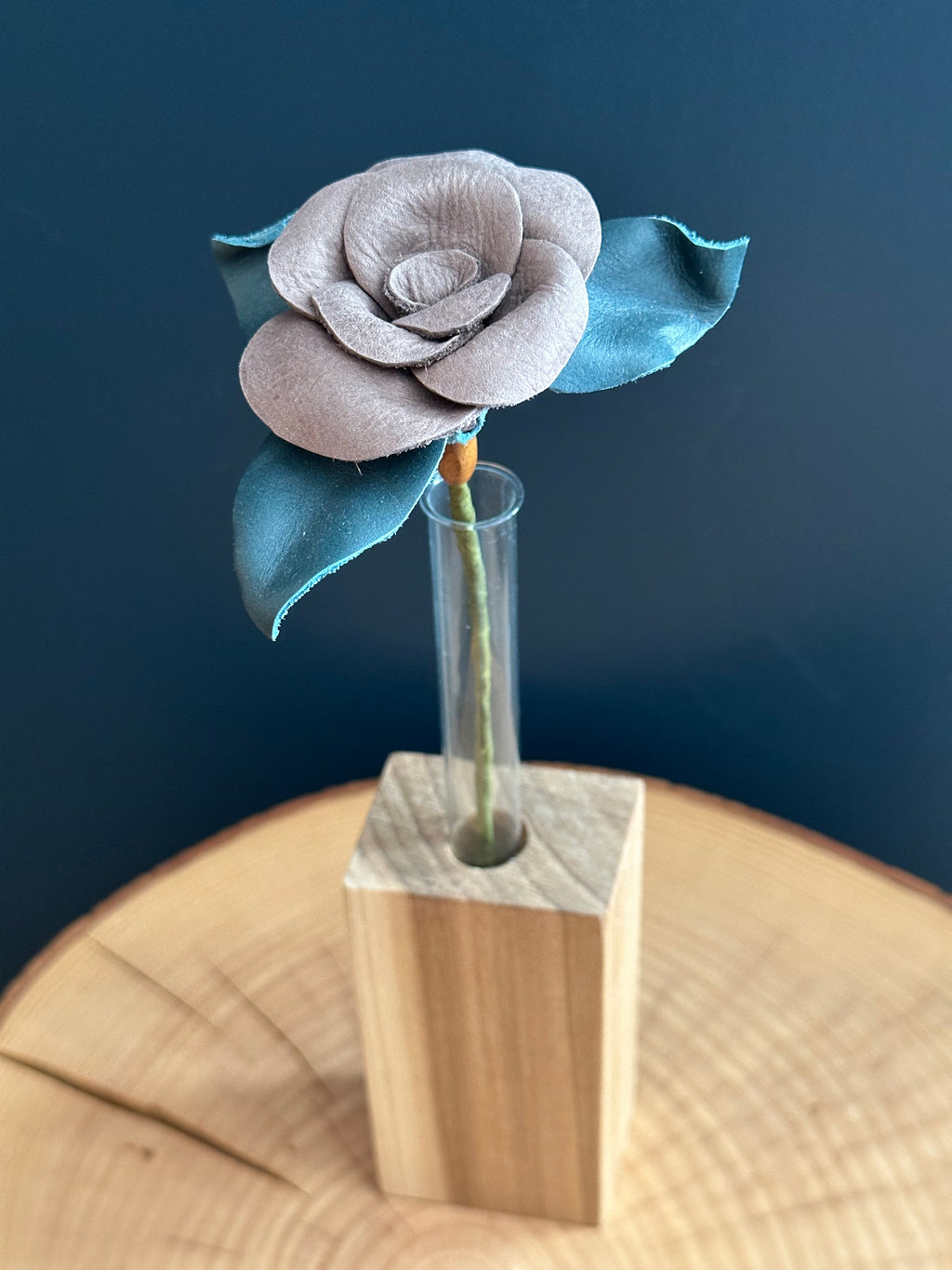 Grey & Blue Leather Rose & Hardwood Vase Set