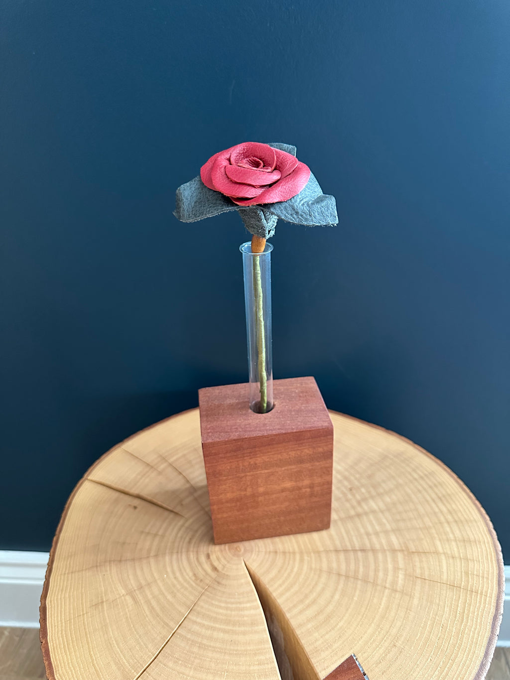 Red & Green Leather Rose & Hardwood Vase Set (2)