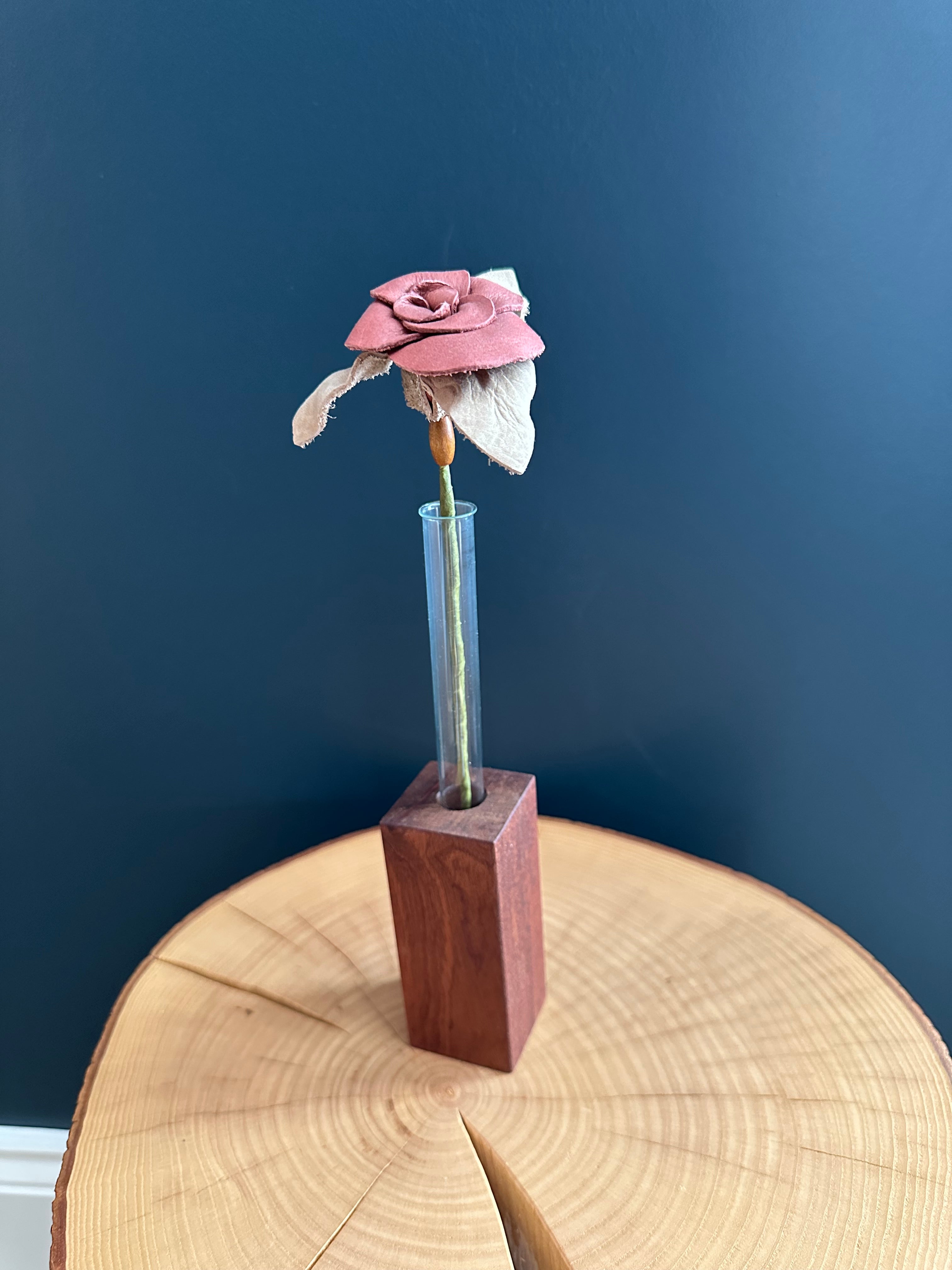 Pink & Cream Leather Rose & Hardwood Vase Set
