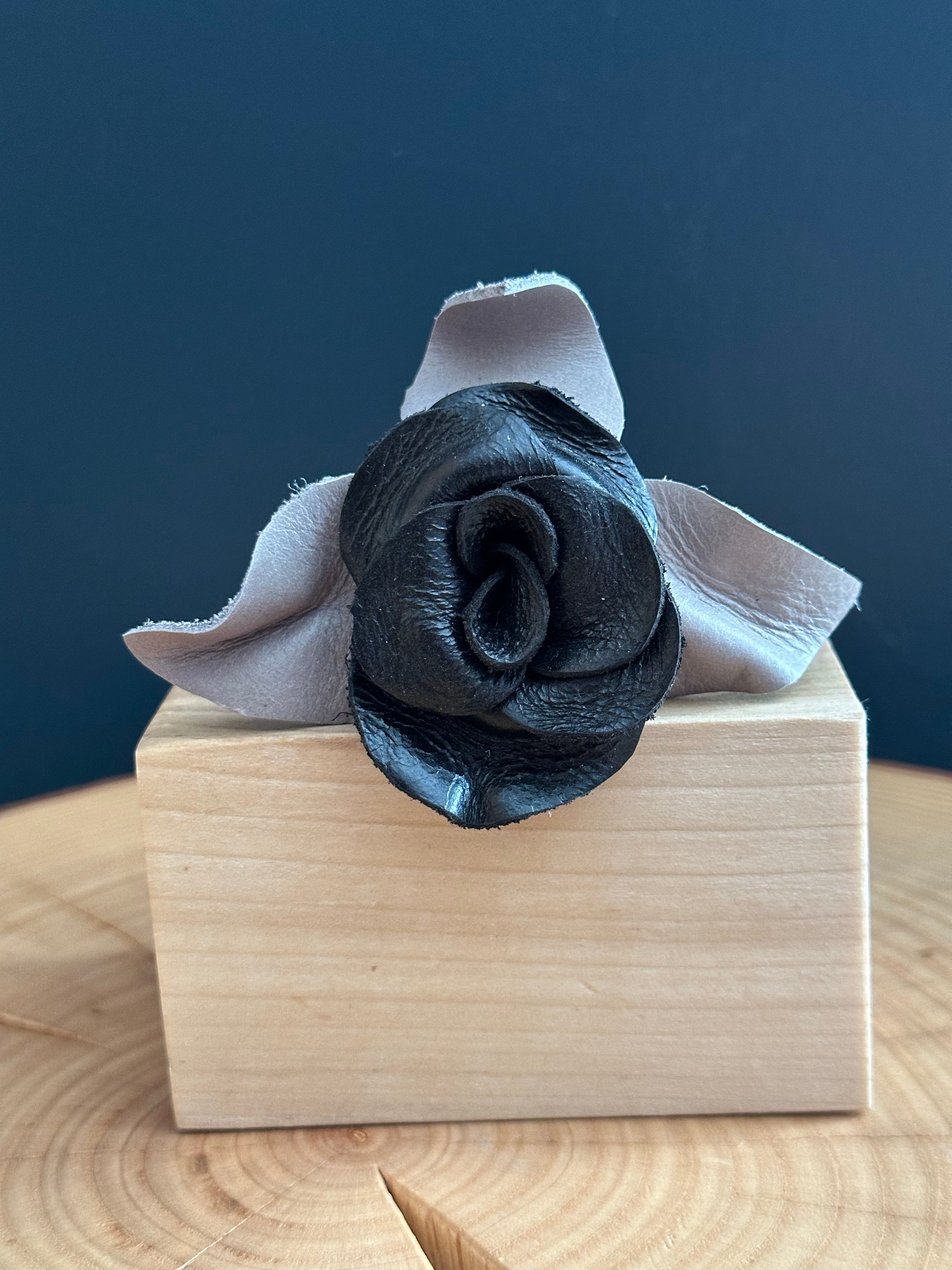 Black & Silver Leather Rose & Hardwood Vase Set