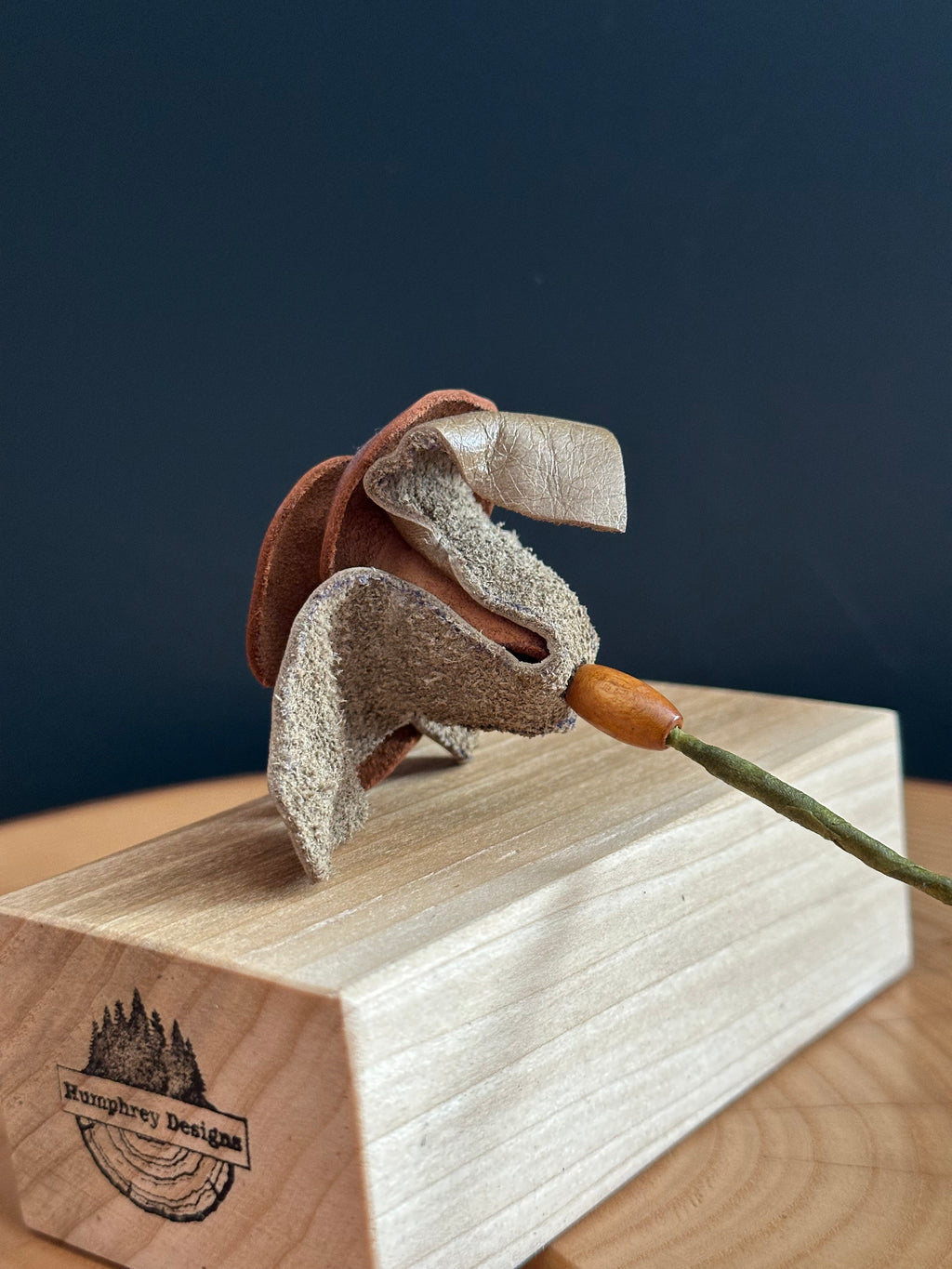 Brown & Tan Leather Rose & Hardwood Vase Set