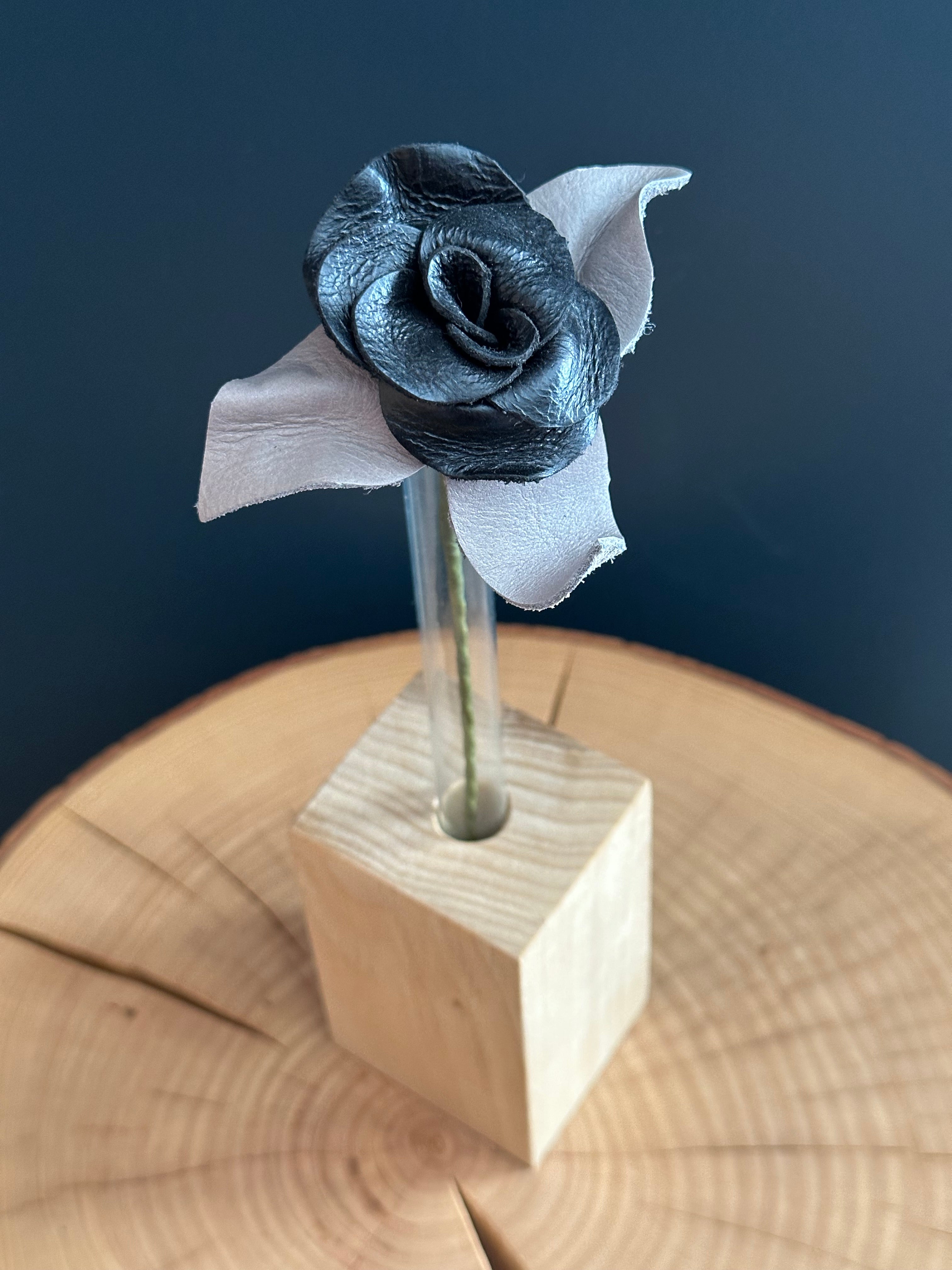 Black & Silver Leather Rose & Hardwood Vase Set