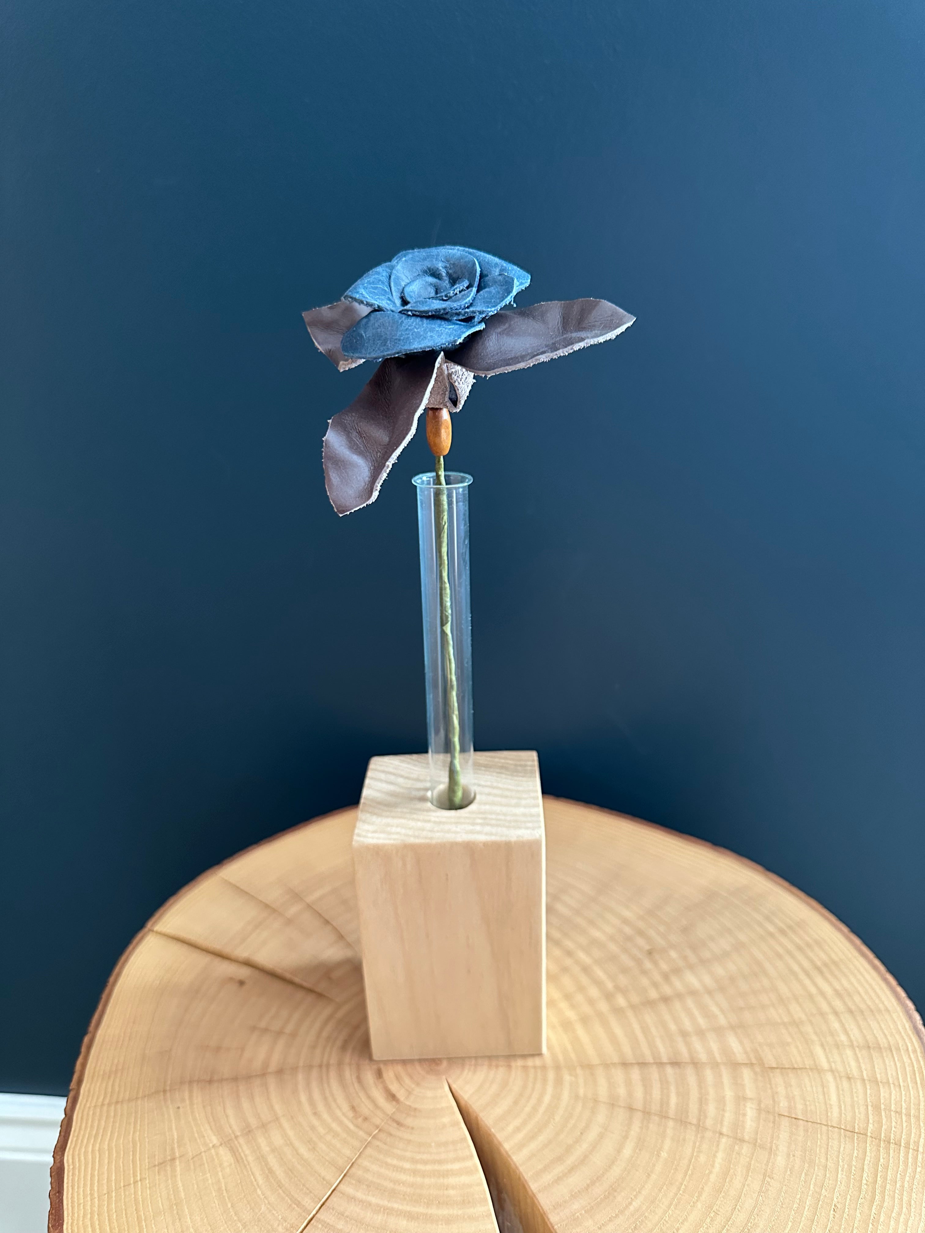 Blue & Brown Leather Rose & Hardwood Vase Set