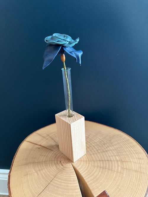 Green & Blue Leather Rose & Hardwood Vase Set