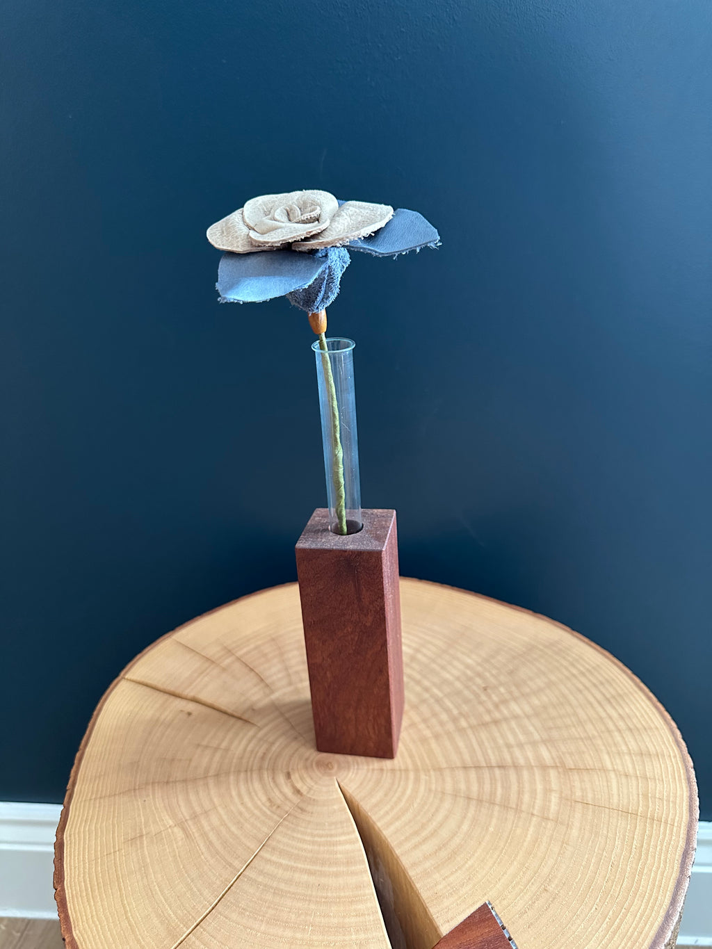 White & Blue Leather Rose & Hardwood Vase Set