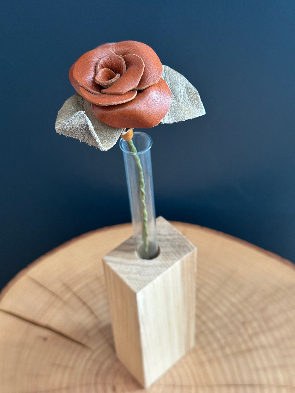 Brown & Tan Leather Rose & Hardwood Vase Set