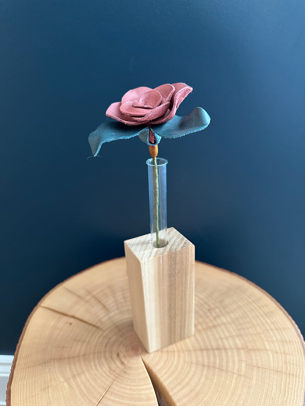 Pink & Light Blue Leather Rose & Hardwood Vase Set