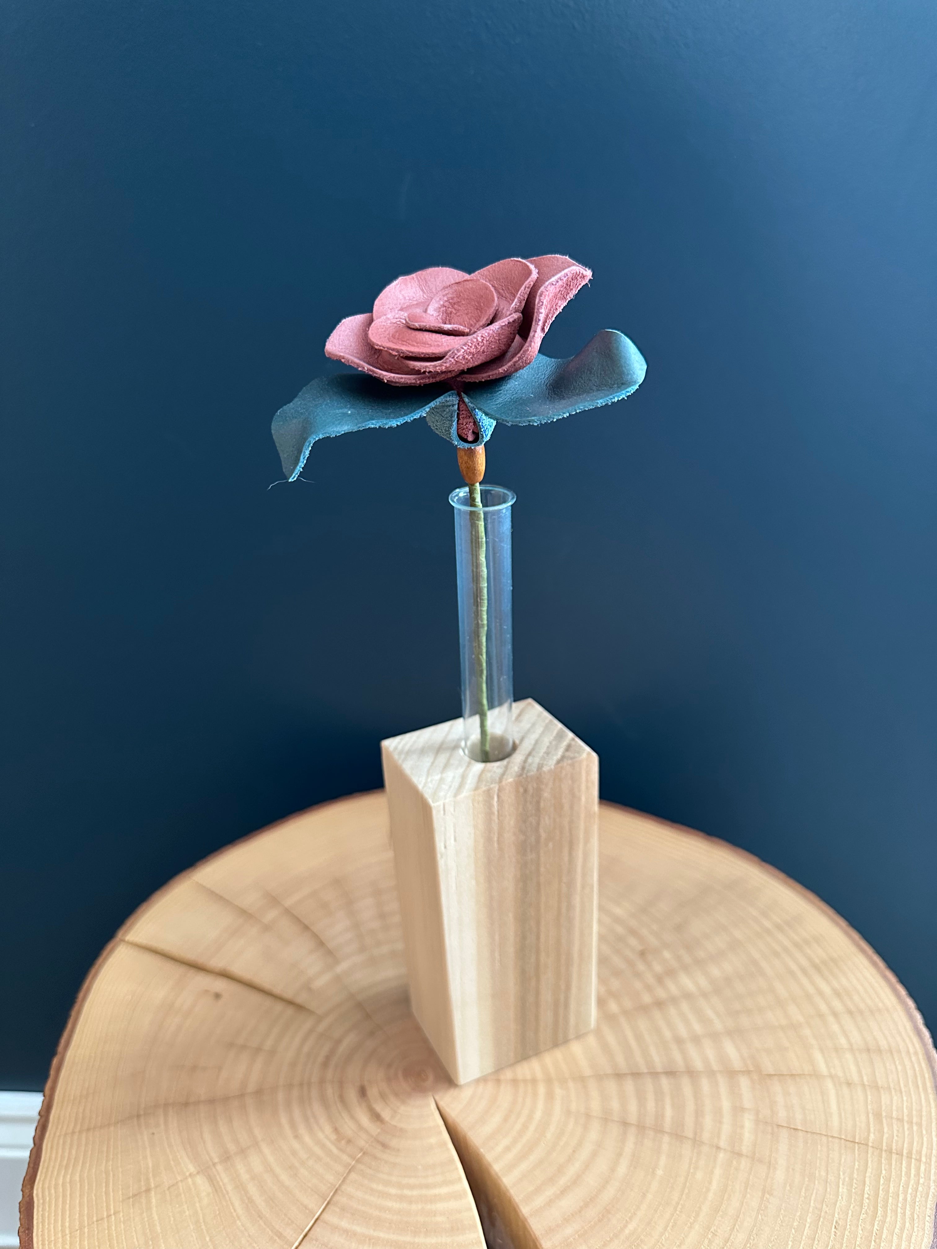Pink & Light Blue Leather Rose & Hardwood Vase Set