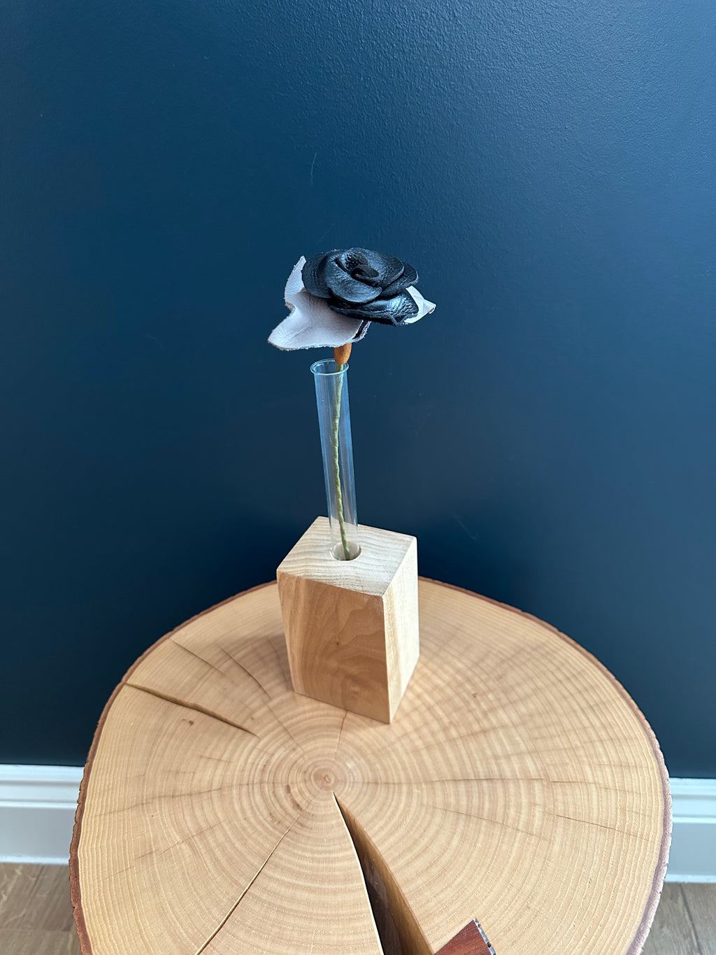 Black & Silver Leather Rose & Hardwood Vase Set