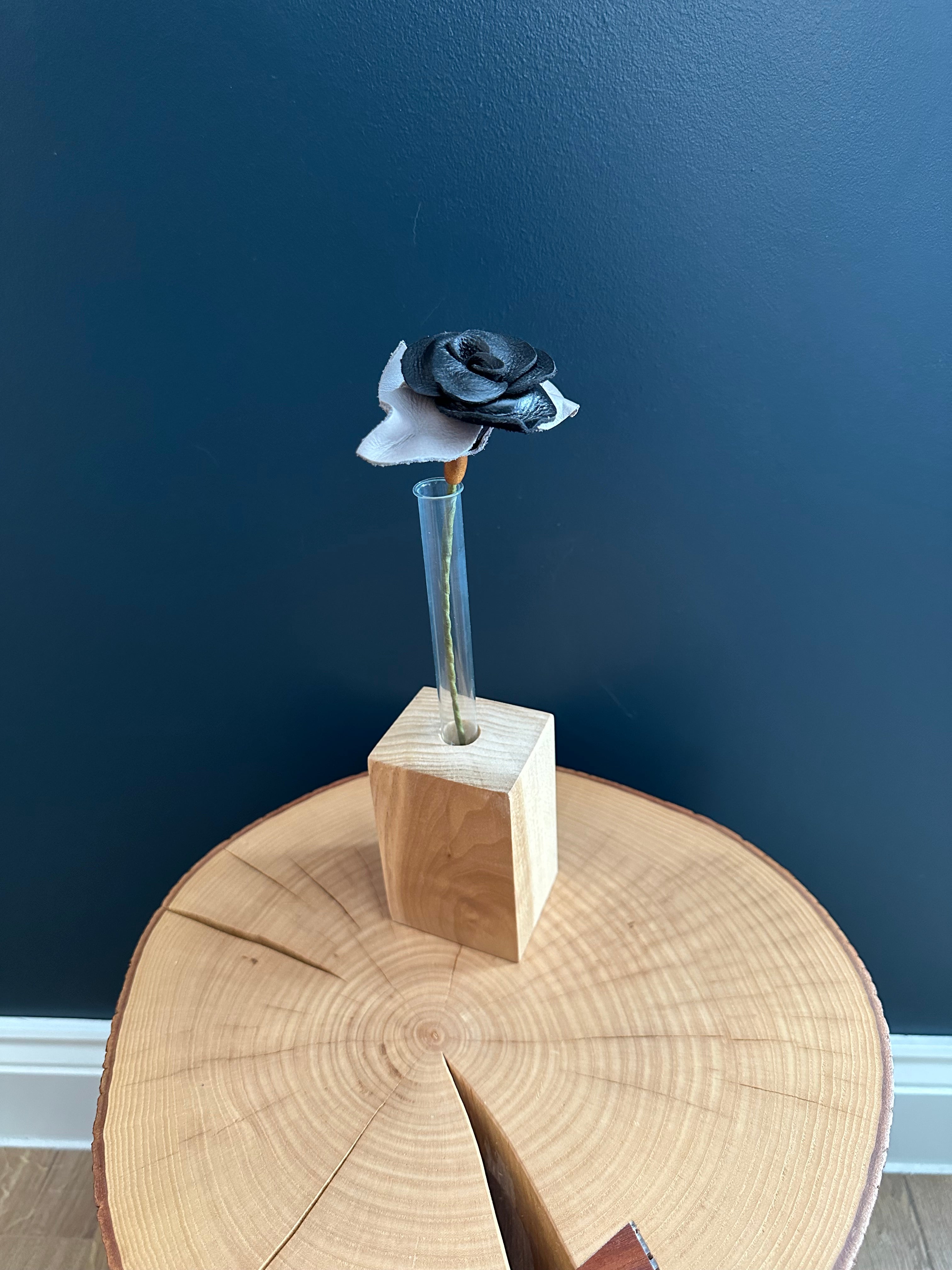 Black & Silver Leather Rose & Hardwood Vase Set