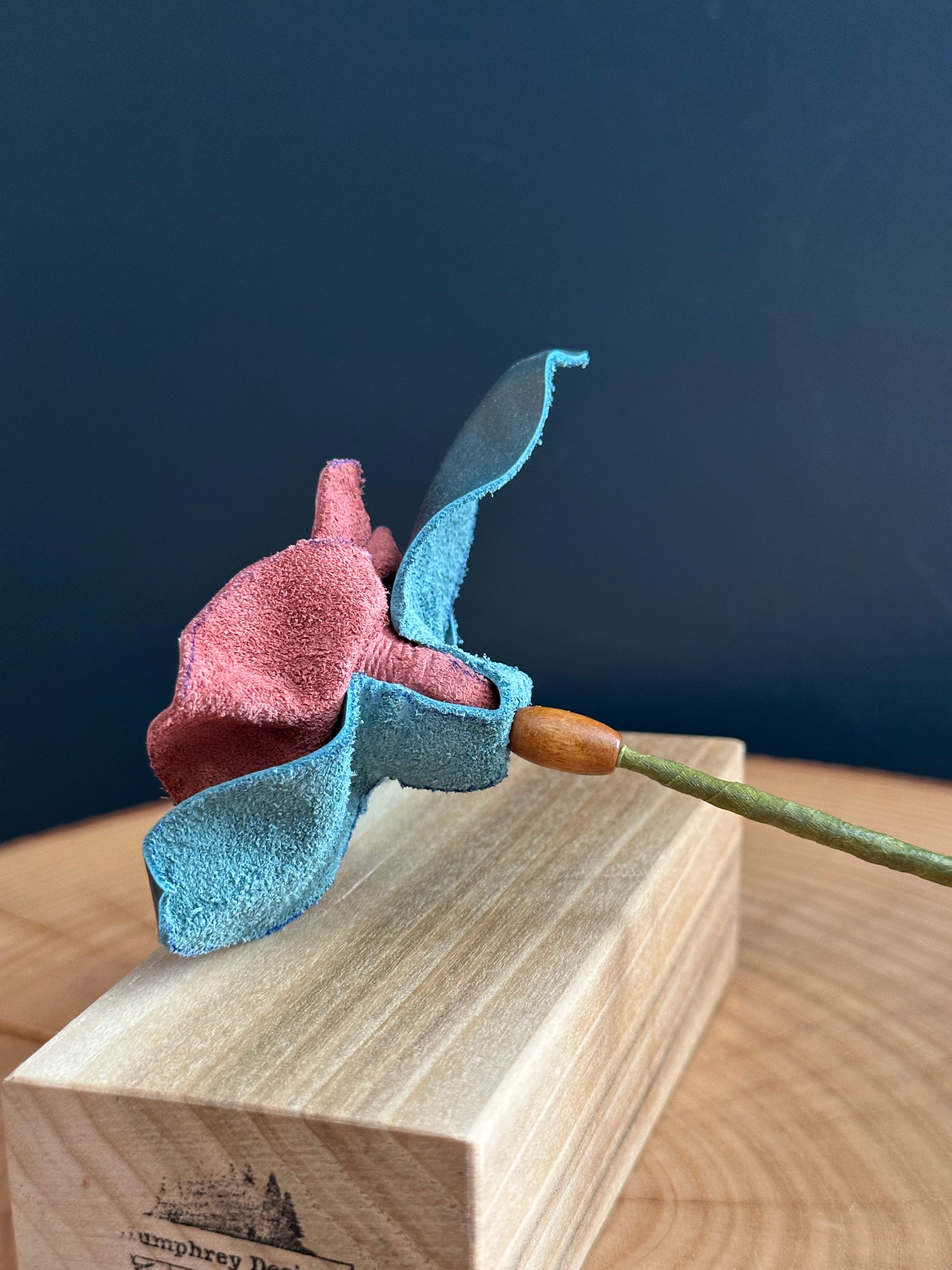 Pink & Light Blue Leather Rose & Hardwood Vase Set