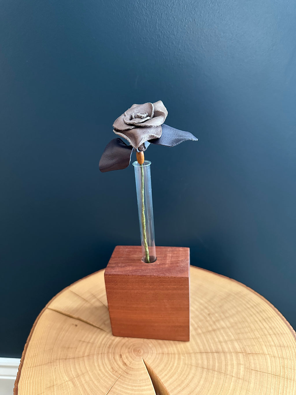 Grey & Blue Leather Rose & Hardwood Vase Set