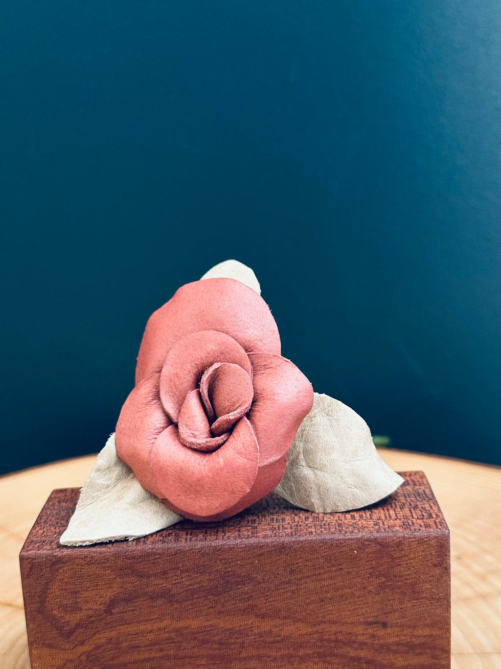 Pink & Cream Leather Rose & Hardwood Vase Set