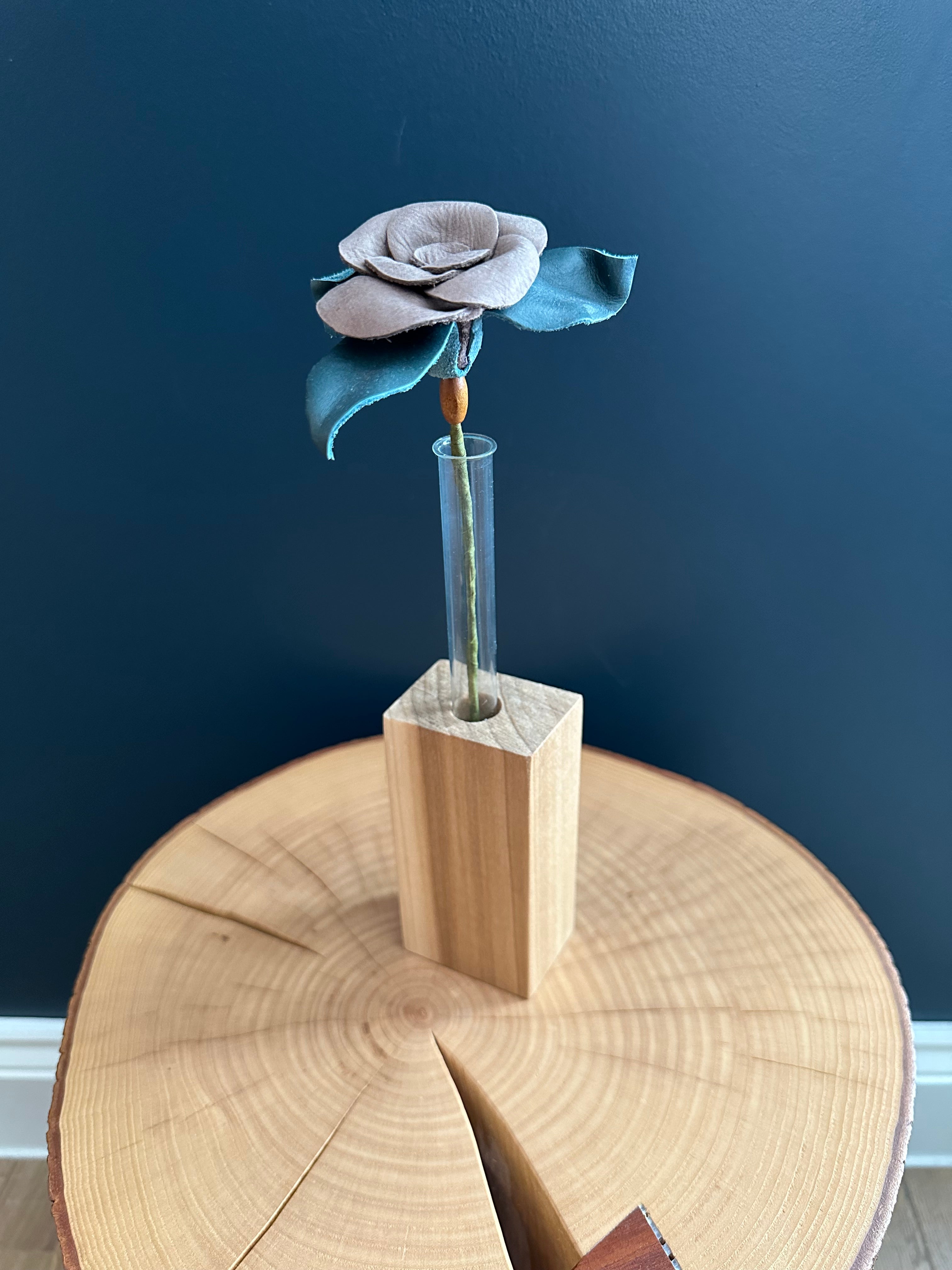 Grey & Blue Leather Rose & Hardwood Vase Set