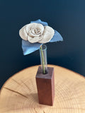 White & Blue Leather Rose & Hardwood Vase Set