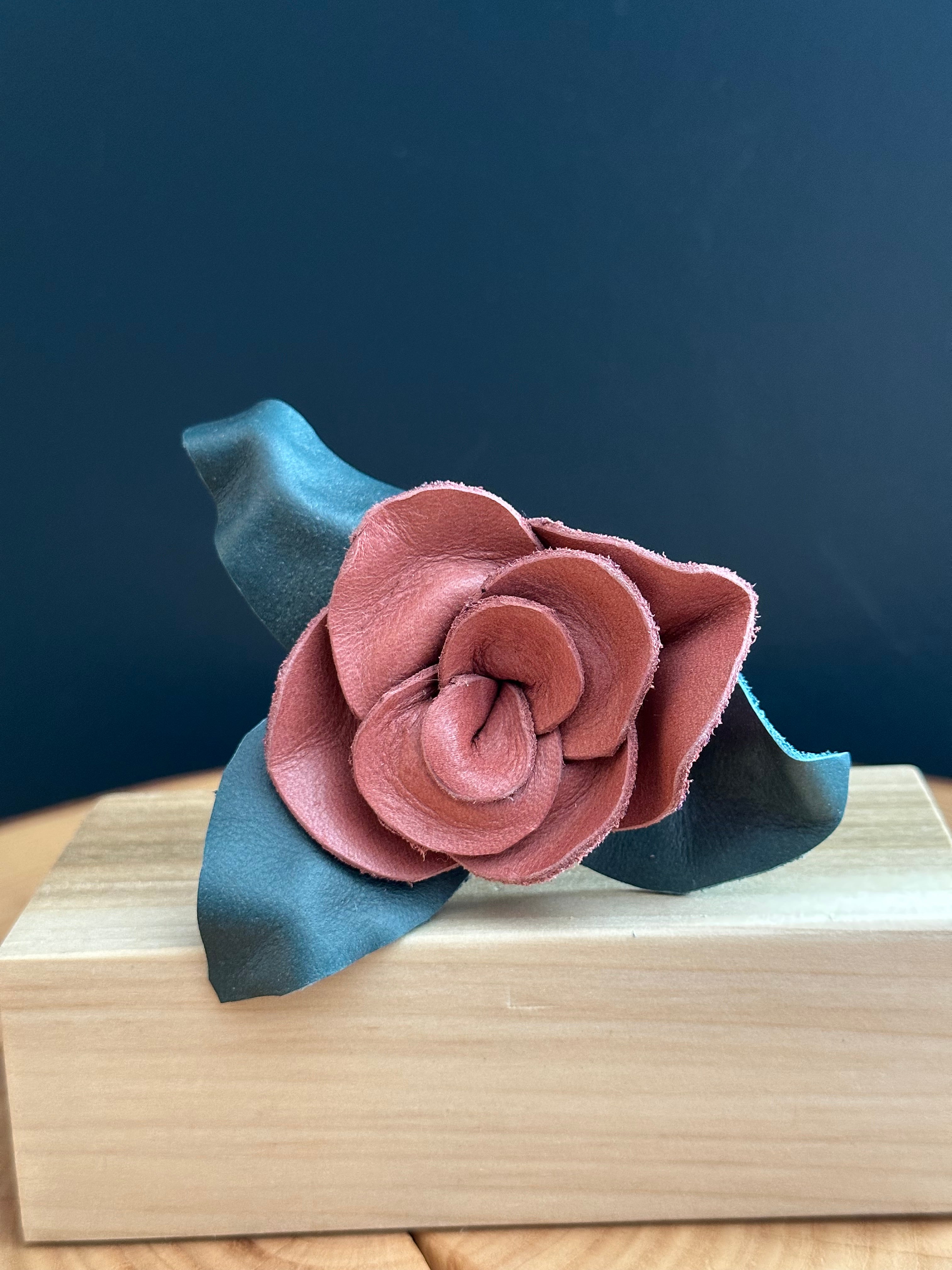 Pink & Light Blue Leather Rose & Hardwood Vase Set