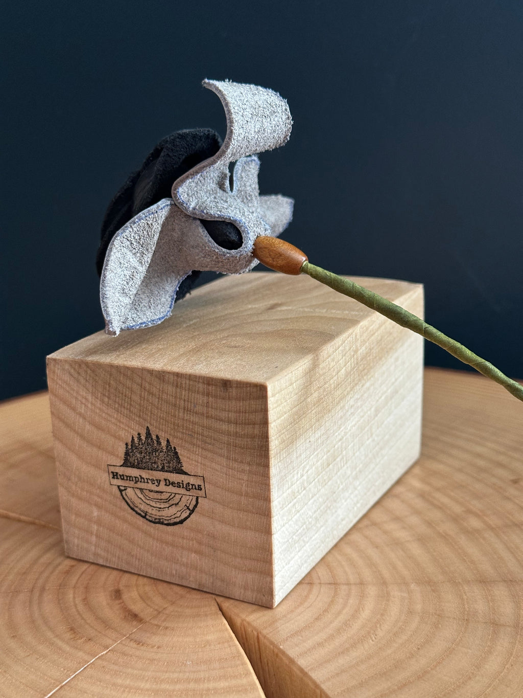 Black & Silver Leather Rose & Hardwood Vase Set