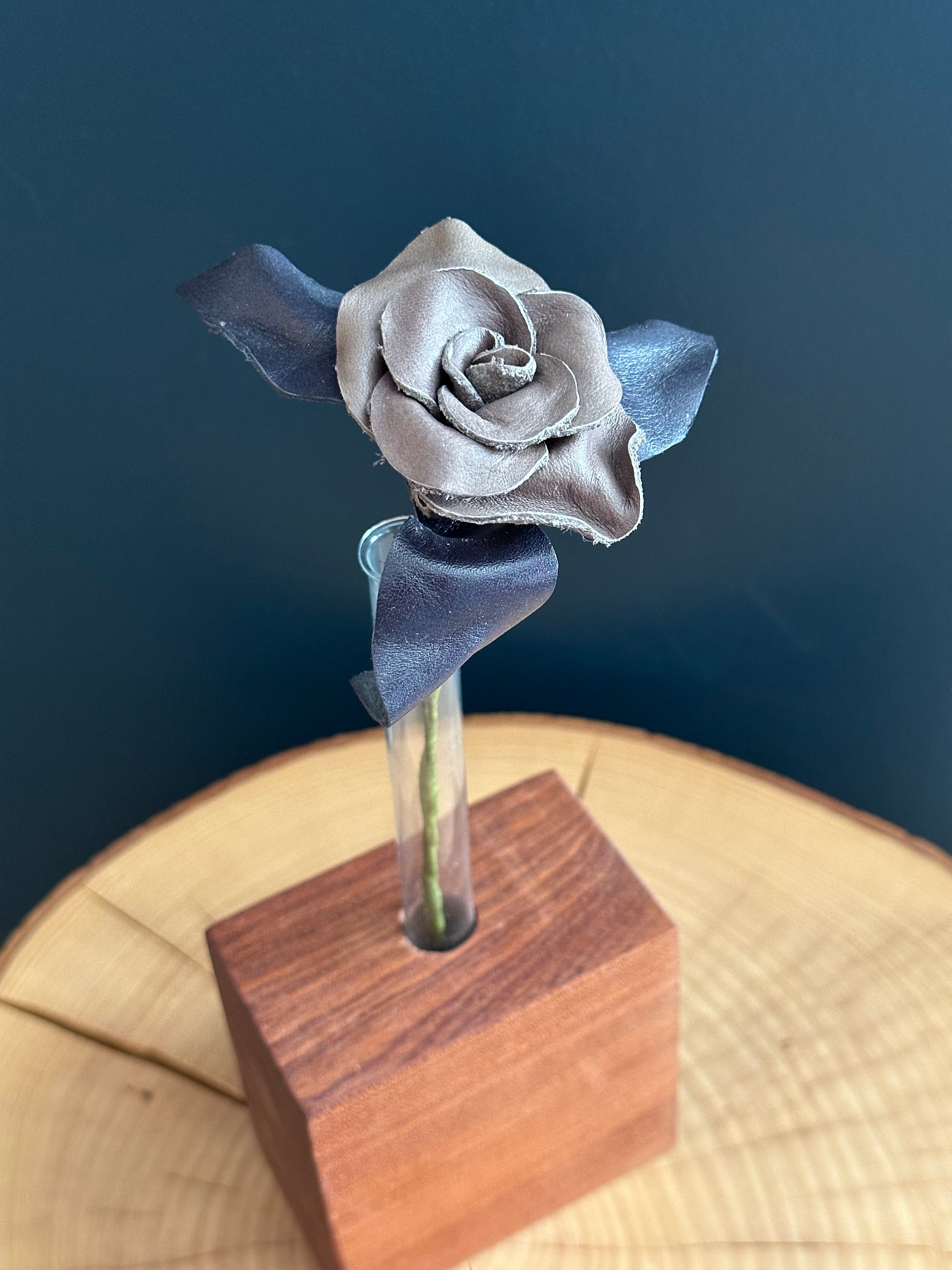 Grey & Blue Leather Rose & Hardwood Vase Set