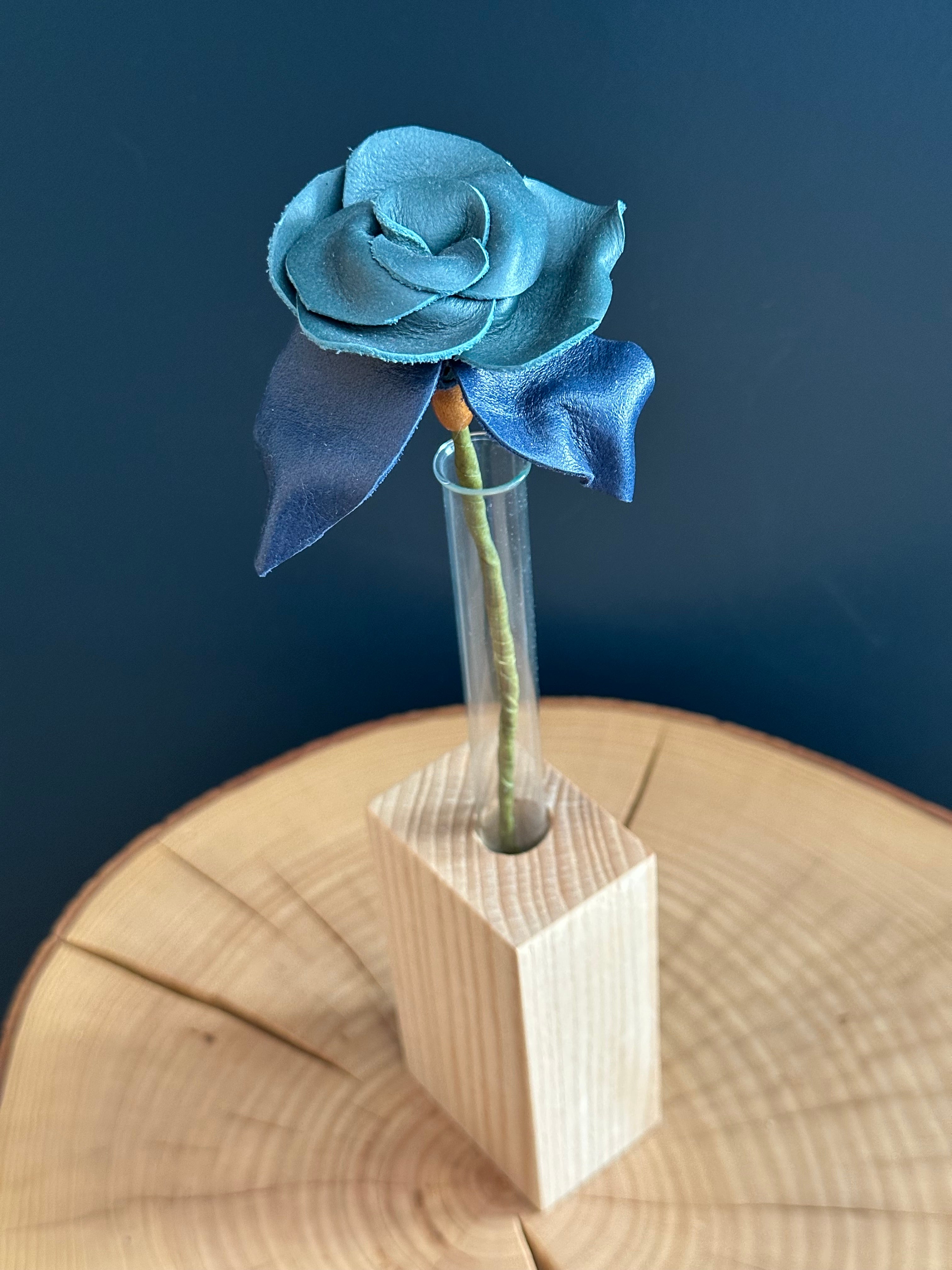 Green & Blue Leather Rose & Hardwood Vase Set