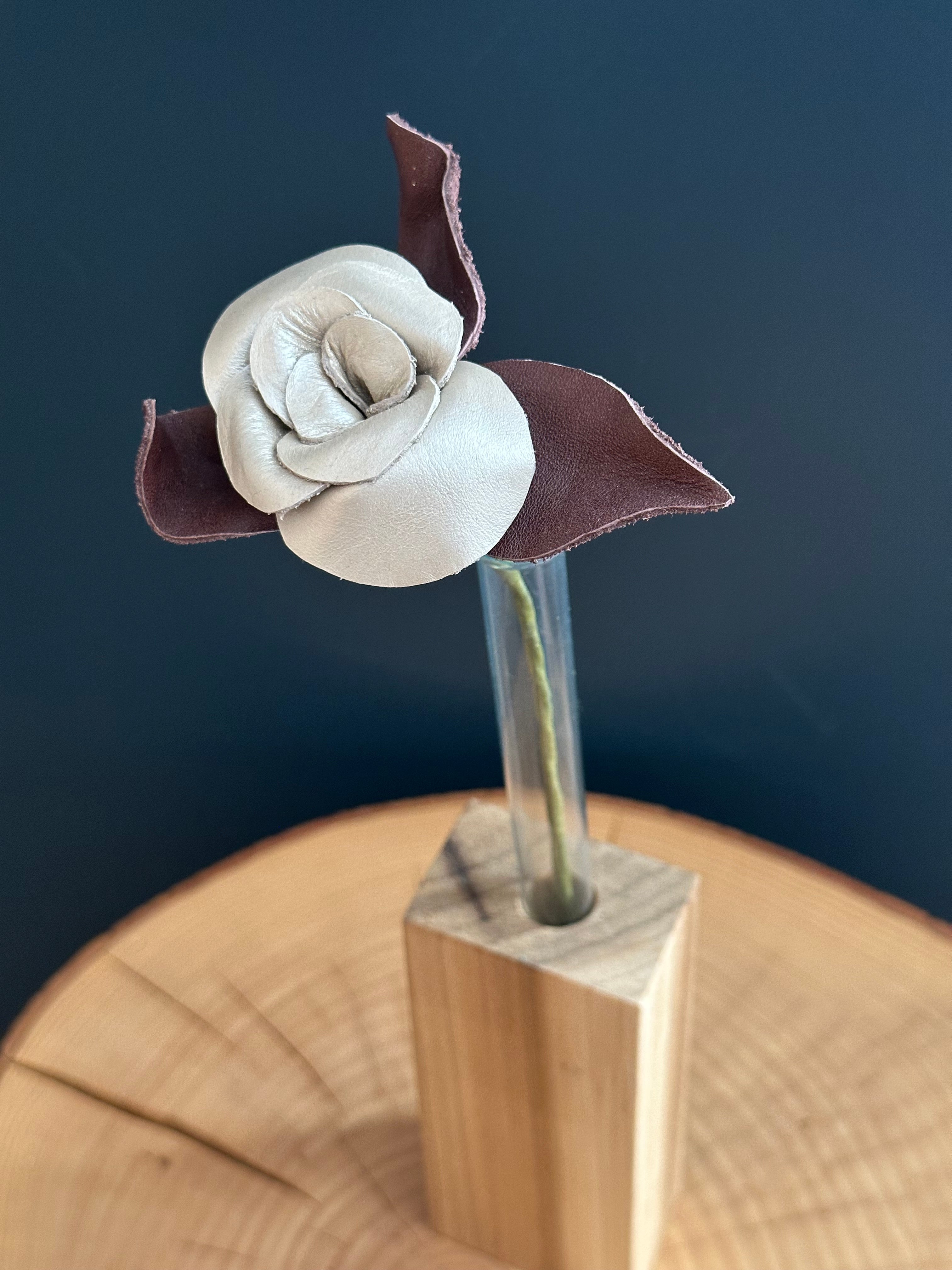 White & Burgundy Leather Rose & Hardwood Vase Set