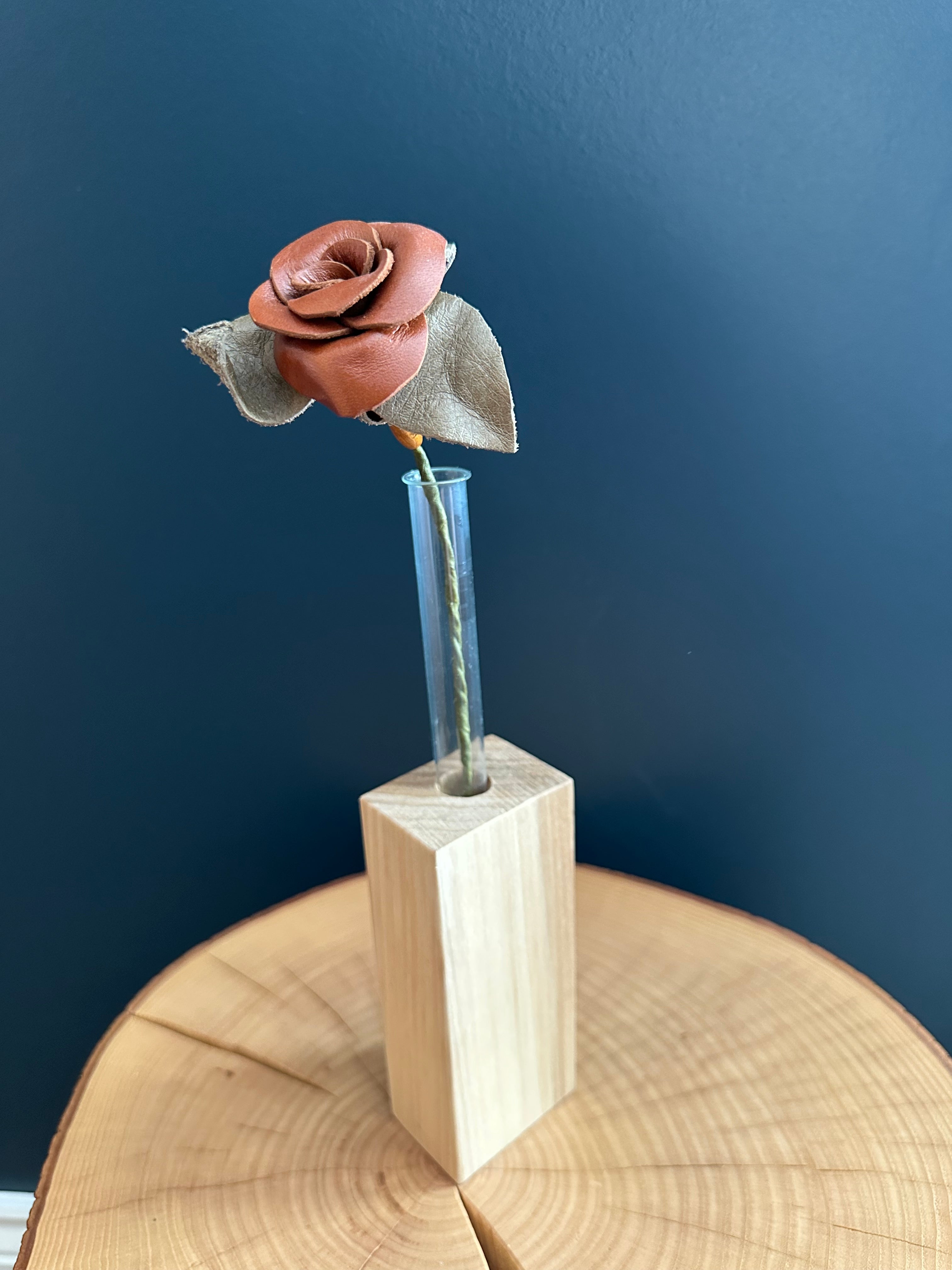 Brown & Tan Leather Rose & Hardwood Vase Set