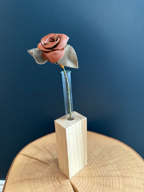 Brown & Tan Leather Rose & Hardwood Vase Set