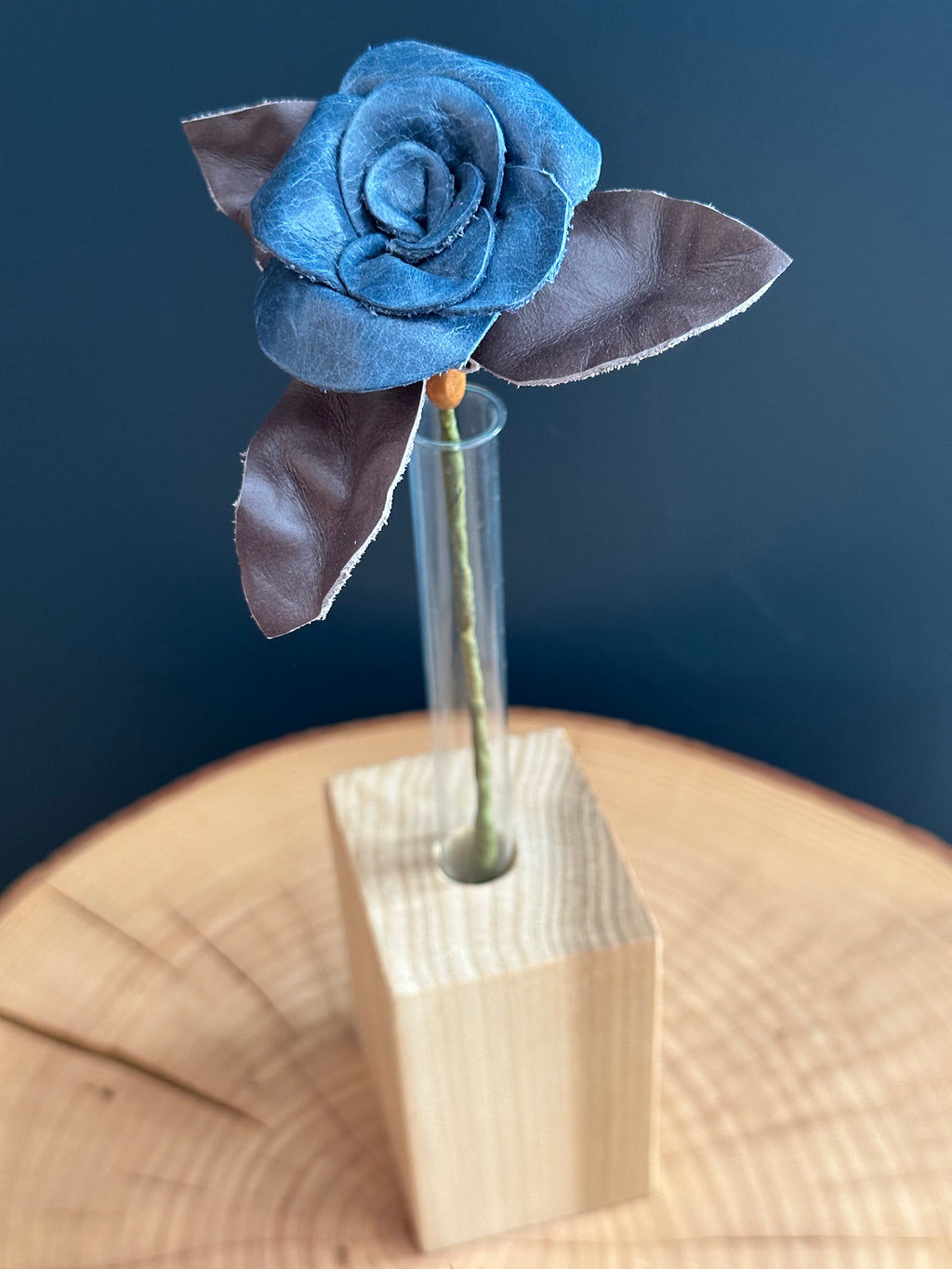 Blue & Brown Leather Rose & Hardwood Vase Set