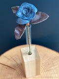 Blue & Brown Leather Rose & Hardwood Vase Set